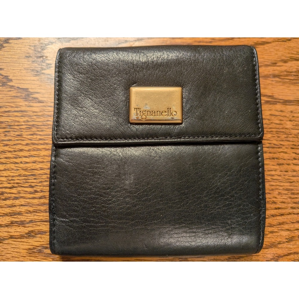Vintage Tignanello Black Leather Tri Fold Wallet Snap Closure Gold Tone Accent‎